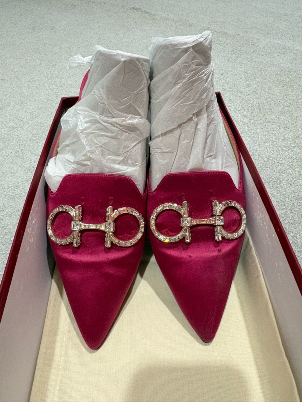 Salvatore Ferragamo Fuchsia Satin Pointed Mules with Crystal Gancini